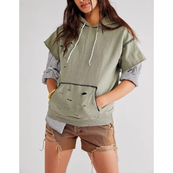 NEW Sz M Medium Womens Free People x Tricia Fix Stitch Short Sleeve Green Hoodie - Picture 2 of 3